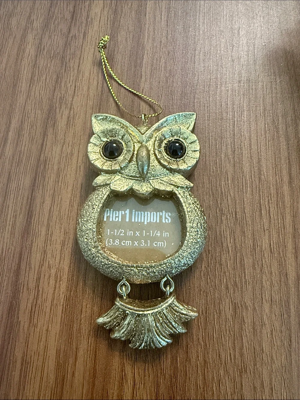 New Pier 1 Gold Owl Mini Photo Frame Ornament Metal Tassel Feet NWOT